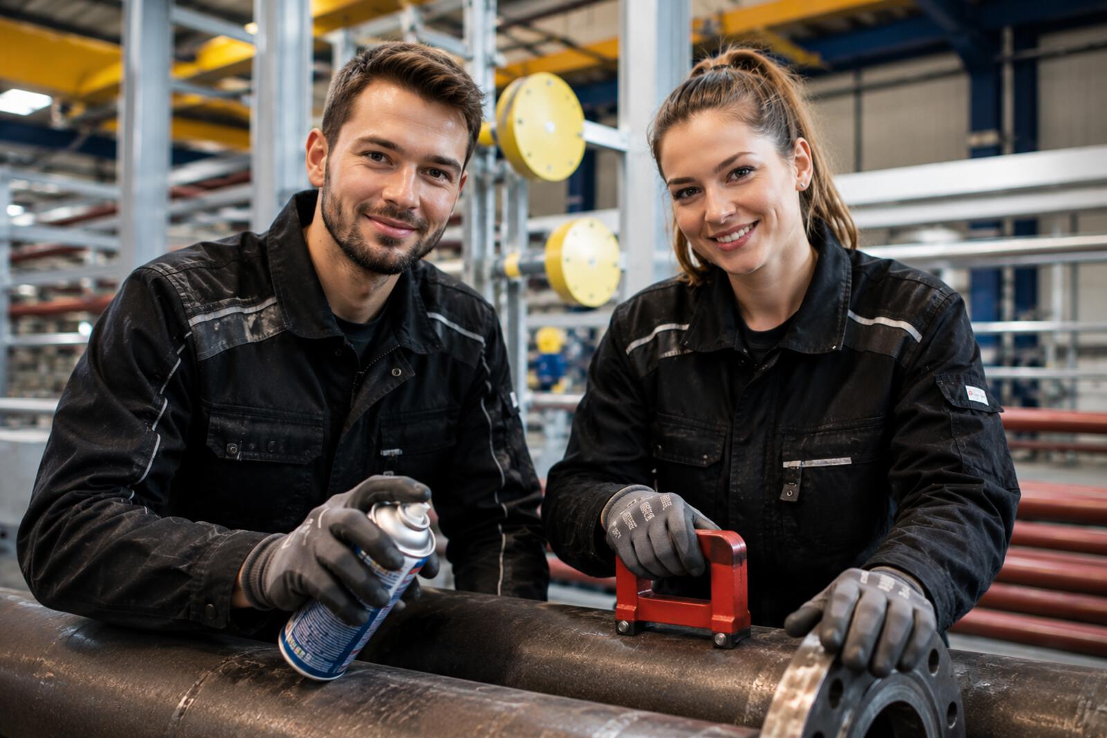 Apprentices performing magnetic particle testing